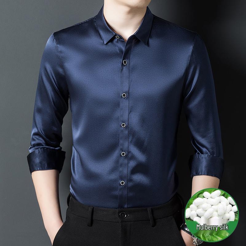 Premium Mulberry Silk Long-Sleeve Men's Shirt - Non-Iron, Solid Color, Business Casual for Autumn and Spring