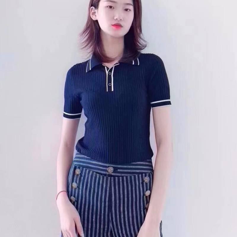 Gejia 2024 Spring/Summer Women's Polo Collar Color Block Short Sleeve Ice Silk Slim Fit T-Shirt