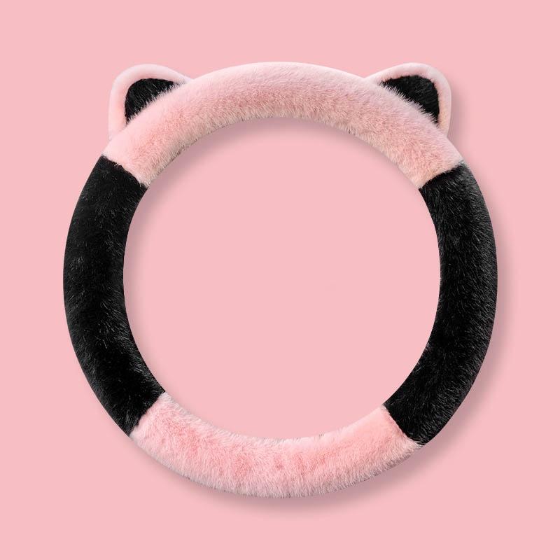 2023 New Cute Long Hair Winter Car Steering Wheel Cover Black And White D-type Simple Style