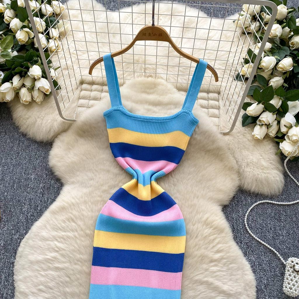 Summer Women Casual Spaghetti Strap Striped Knitted Sheath Sweater Dresses