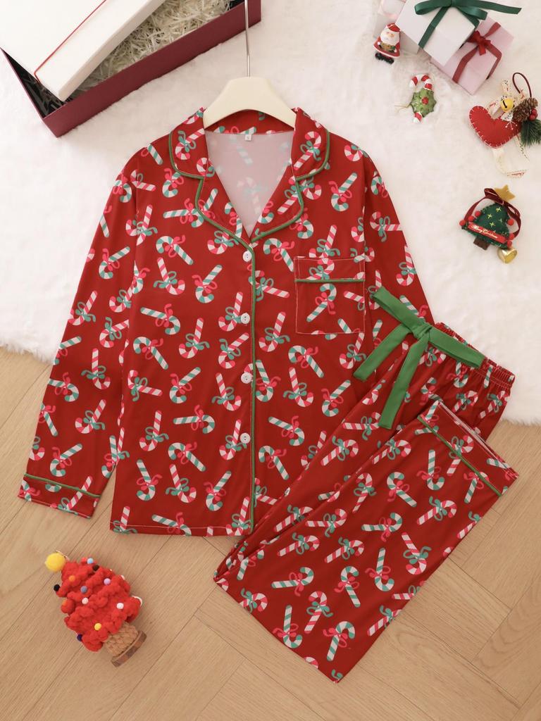 Women's Christmas Print Pajama Set - Long Sleeve, Long Pants, Turn-down Collar, Cardigan Style for All Seasons