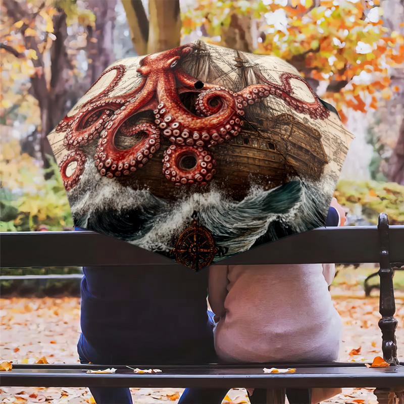 Ship Octopus pattern, automatic folding umbrella, portable and foldable design, 8 ribs, a Christmas or birthday gift.