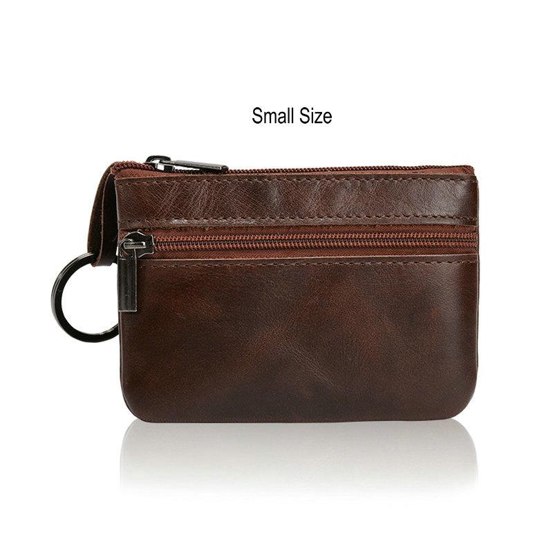 Retro Genuine Leather Coin Purse with Keychain for Men & Women Cowhide  Zipper Coin Wallet Vintage Key Holder