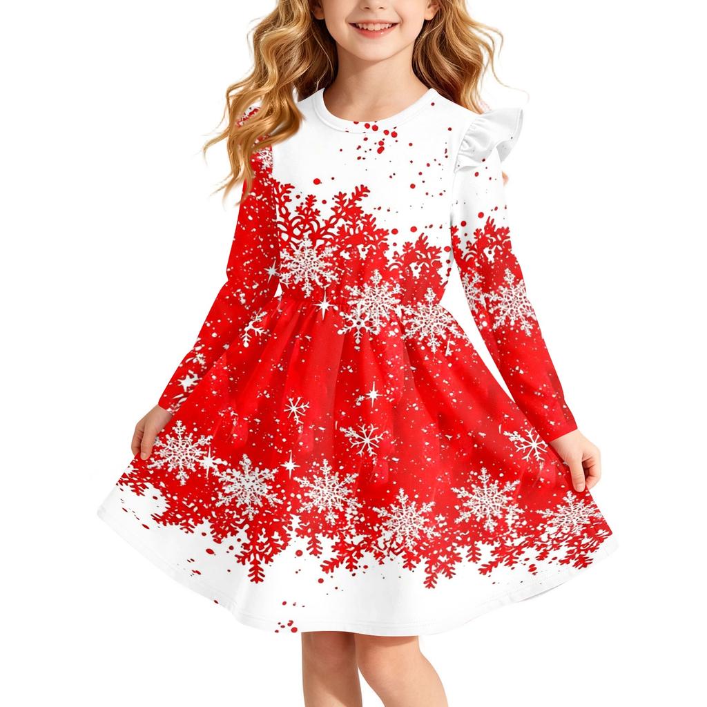 Girls Christmas Print Dress with Sleeves Long Sleeve Holiday Party Dress