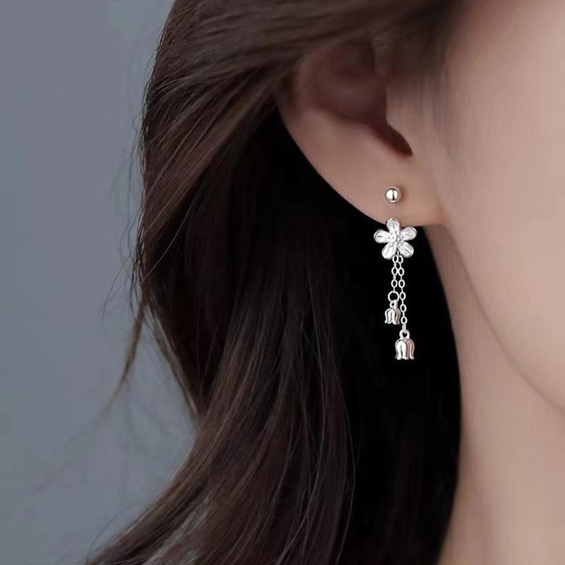 Real 925 Silver Flower Short Chain Tassel Stud Earrings For Women Classic Fine Jewelry Niche Light Accessories