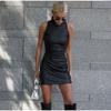 Fashion PU Leather Mini Dress Women Elegant Stand Collar Bodycon Short Party Dress Female Sexy Slim Sleeveless Evening Vestidos