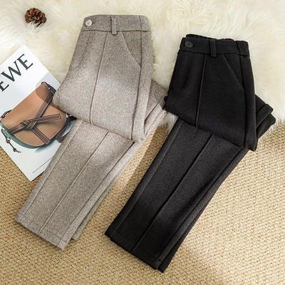 High Waist Wool Blend Pants Women Winter Thicken Plush Lined Harem Pantalones Office Casual Warm Ankle-length Woolen Spodnie