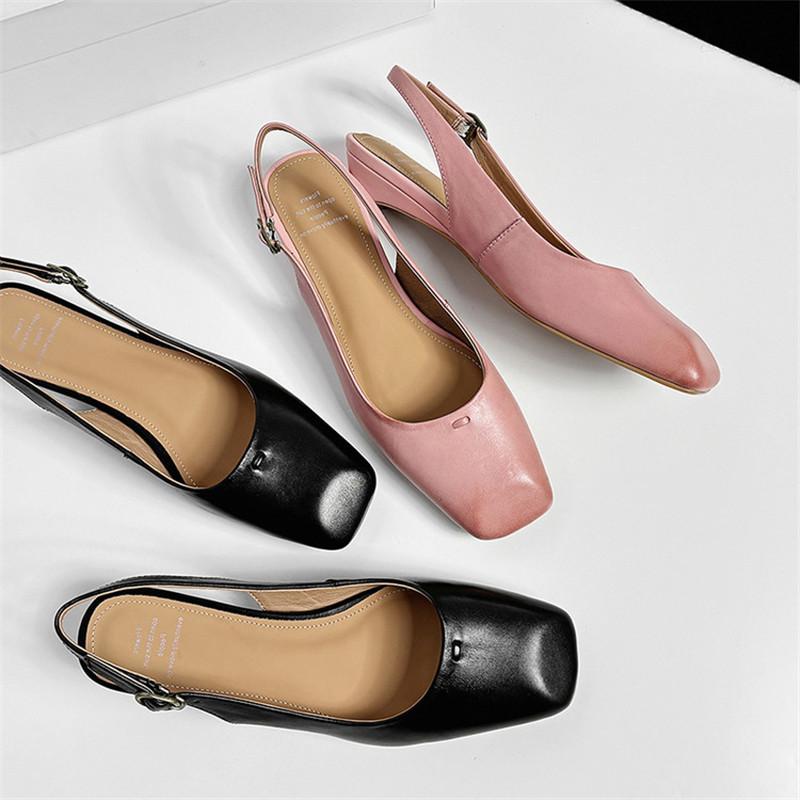 Fashion New Genuine Leather Summer Sandals Square Toe Sandals for Women Low Heels Fashion Retro Cover Toe Sandal Ladies Shoes Women