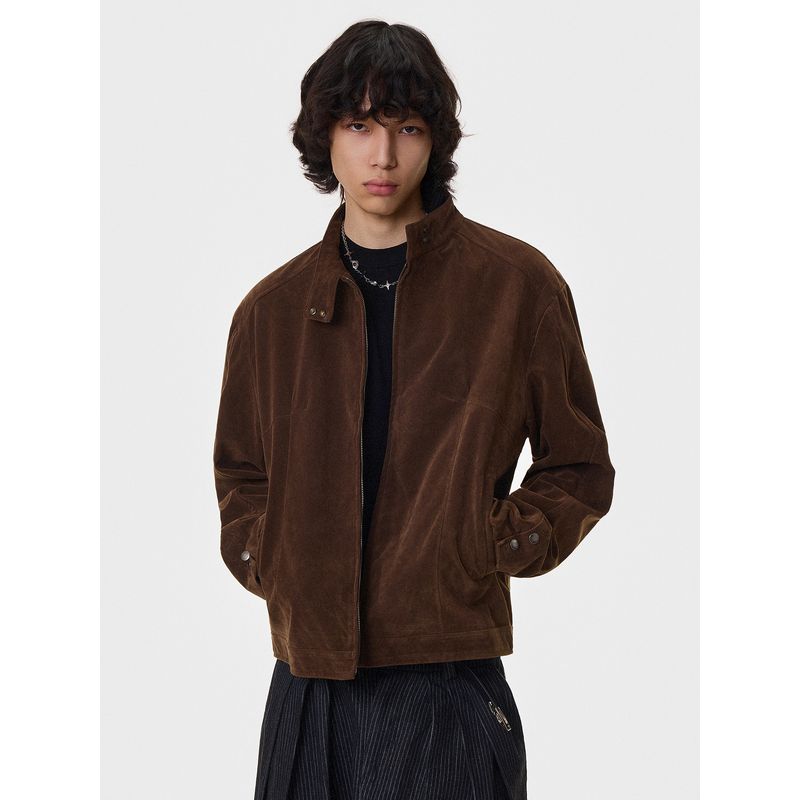 Blaexit American Retro Deconstructed Patchwork Suede Jacket for Men and Women Early Autumn Velvet Leather Harrington Stand Collar Jacket