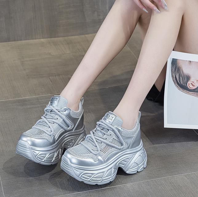 Fashion 9CM Air Mesh Microfiber Leather Flats Lace Up Ladies Fashion Summer Women Spring Platform Wedge Shoes Chunky Sneaker Vulcanize