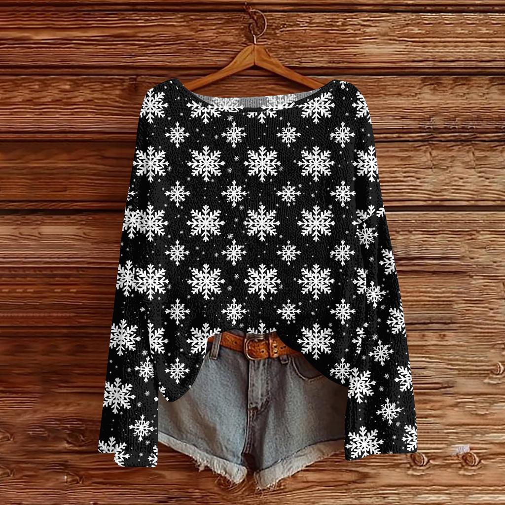 Women's Fashion Christmas Print Lightweight Sweater Casual Long-Sleeve Knit Pullover Top