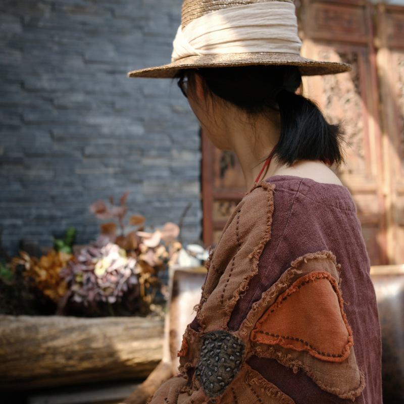 Vintage Linen Hand-Embroidered Snowflake Robe, Loose Fit - Old Coffee Color (2002)