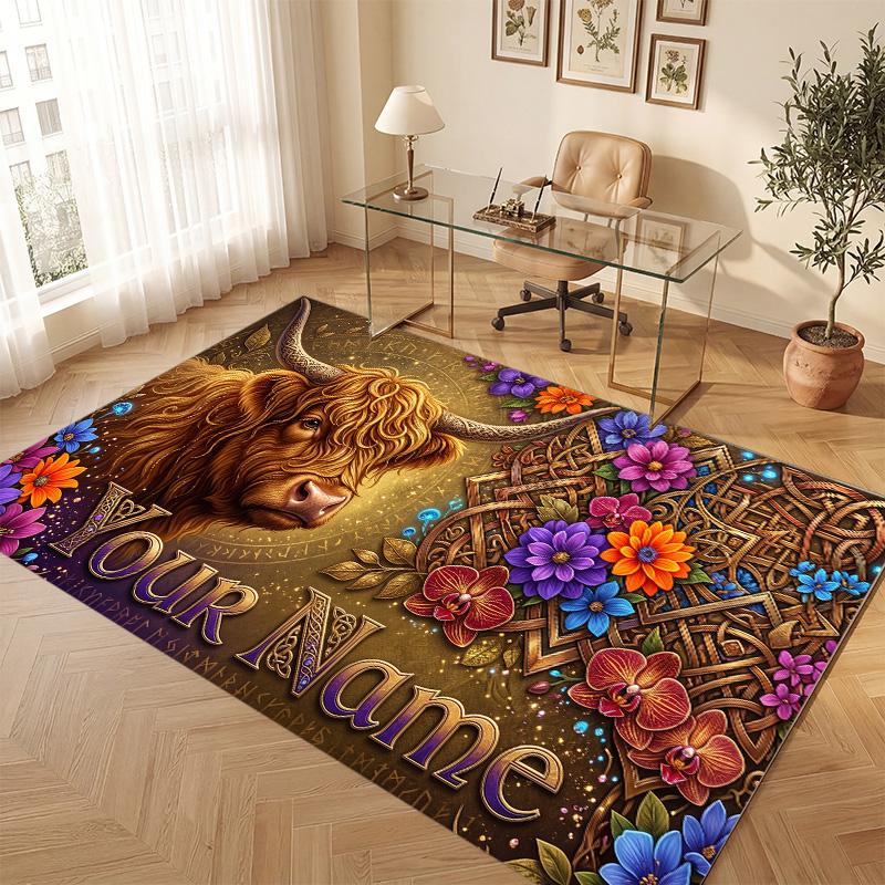 Highland Cow Theme Soft Crystal Velvet Rug Custom Name & Text Print Non Slip Floor Rug for Bedroom Living Room