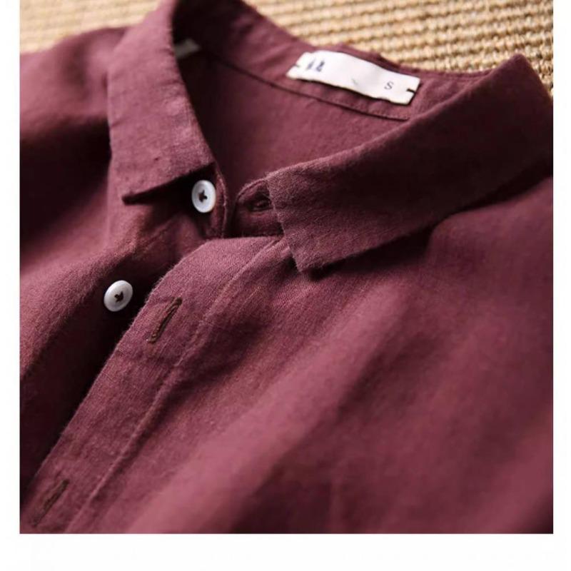 Zomer Linnen Dunne Stijl Effen Kleur Retro Korte Mouw Shirt Top Dames Pakkraag Kort Model Kleine Veelzijdige Blouses & Shirts