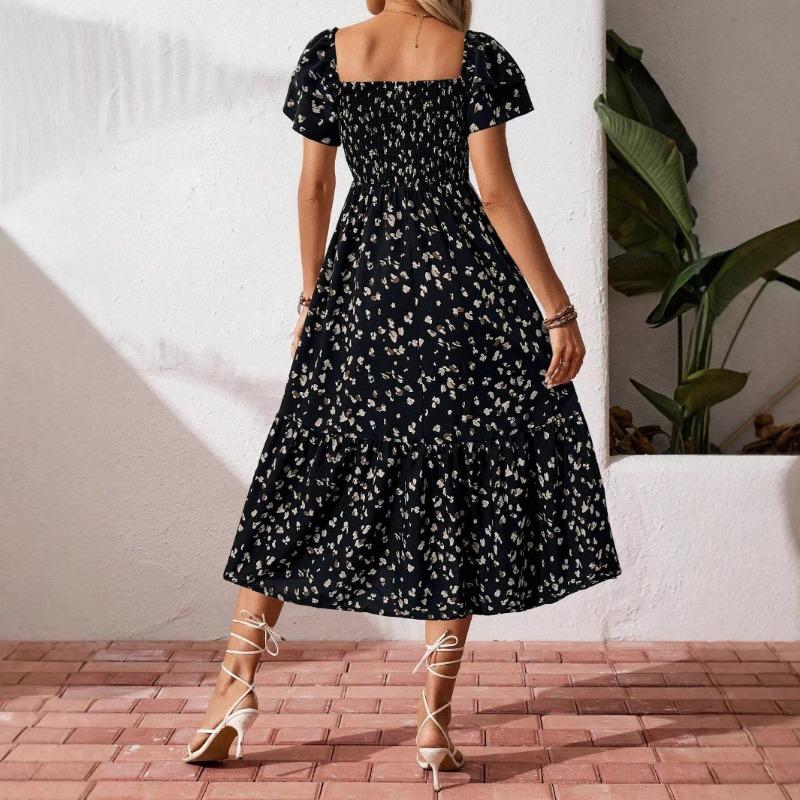 Mode Kurzarm Sommerkleid mit Blumendruck Sexy Rüschen Quadratischer Ausschnitt Elegant Plissiert A-Linie Partykleider Lässig Locker Slim Urlaubskleidung