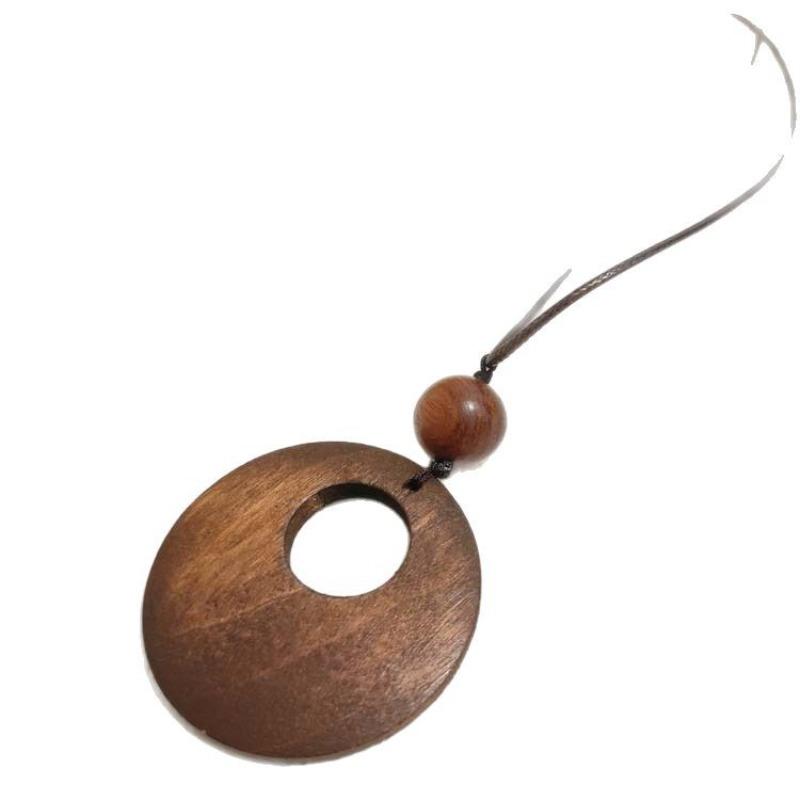 Wooden Love Ring Pendant, Leather Rope Pendant, Women's Sweater Chain, Retro Simple Long Necklace.