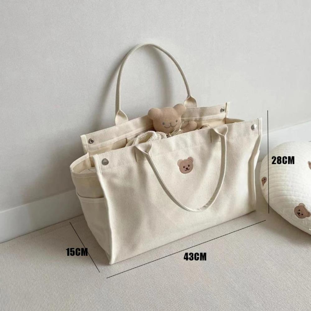 New Cartoon Bear Canvas Mother Bag Large Capacity Multifunctional Shoulder Crossbody Bag White Diaper Bag Women