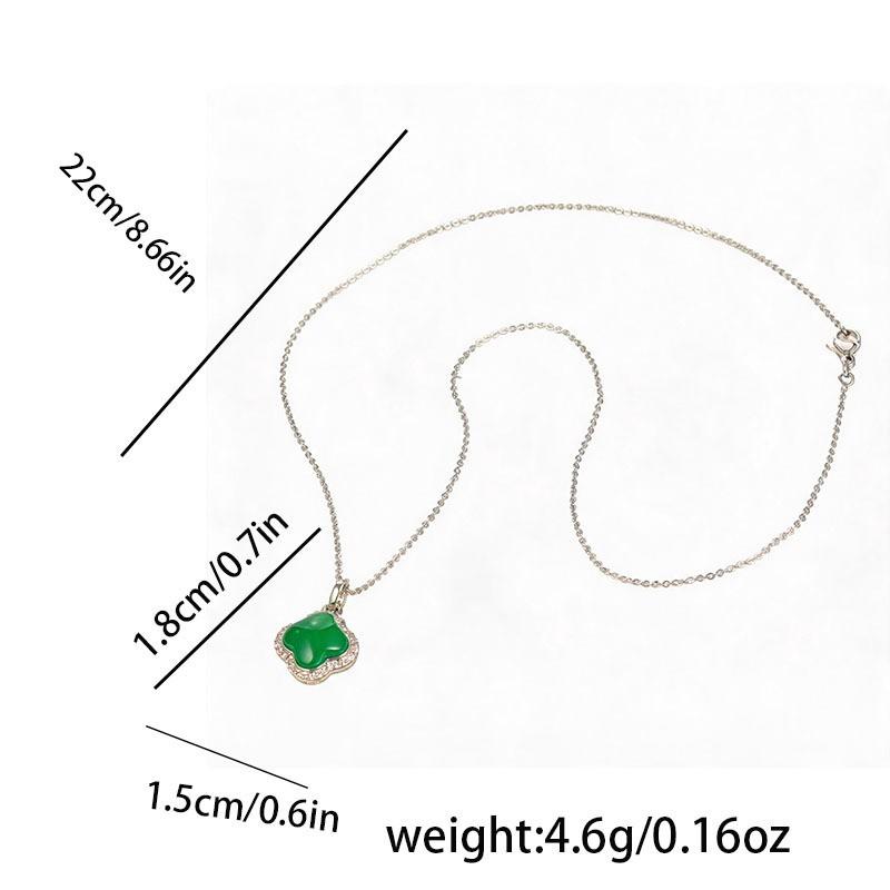 Geometric Four-Leaf Clover Pendant Set With Iced Green Chalcedony Inlay Vacuum Plated Copper Alloy Jewelry Men Women