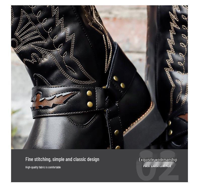 Men's Embroidered Leather Western Cowboy Boots - Retro European High-top Knight Style