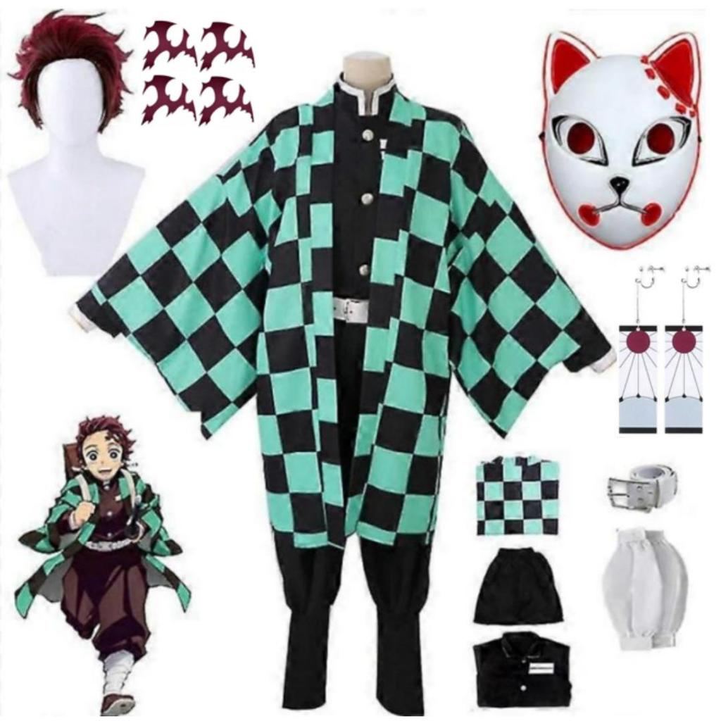 Anime Demon Slayer Kamado Tanjirou Cosplay Kostuum Kimetsu No Yaiba Cartoon Kostuum Sutis Pruiken Halloween Voor Kinderen Volwassenen CosParty