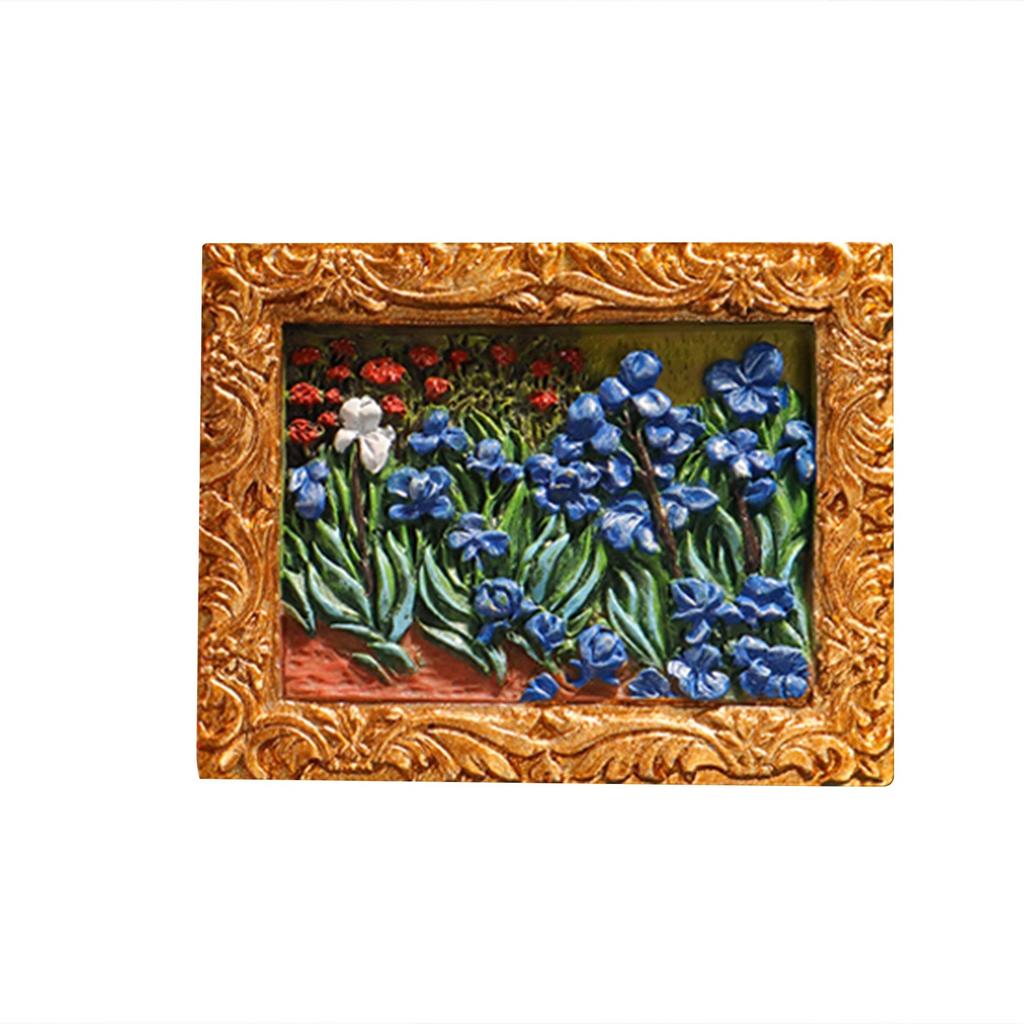 3D Oil Painting Fridge Magnets Set Of 6, Miniature /Flower/Seascape Sculptures With Gold Frames, Decorative Refrigerator Magnets For Kitch