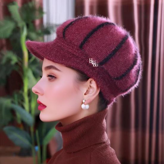 Women Winter Hat Thick Warm Knitted Hat Soft Velvet Slouchy Cap with Visor Brim for Middle-Aged And Elderly Ladies