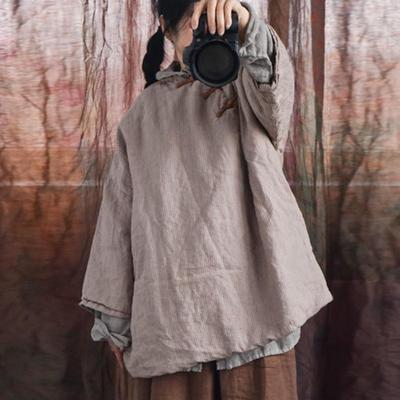 Women Vintage Striped Parkas Stand Long Sleeve Button Spring Coats Chinese Style Plus Cotton Parkas
