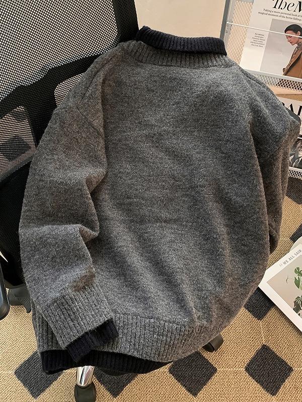 Men's Korean-Style High-Collar Knitwear: Loose Solid Color, Elegant Two-Piece Look, Versatile Winter Pullover