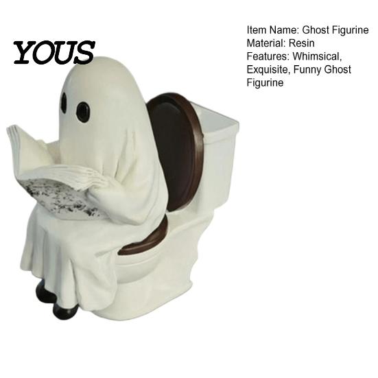 Gruselige Kamindekoration Niedliche Halloween-Geisterfigur, Lesender auf der Toilette Harzstatue, Lustiges Badezimmerornament für mehrstöckige Ablage Tischplatte Schreibtisch