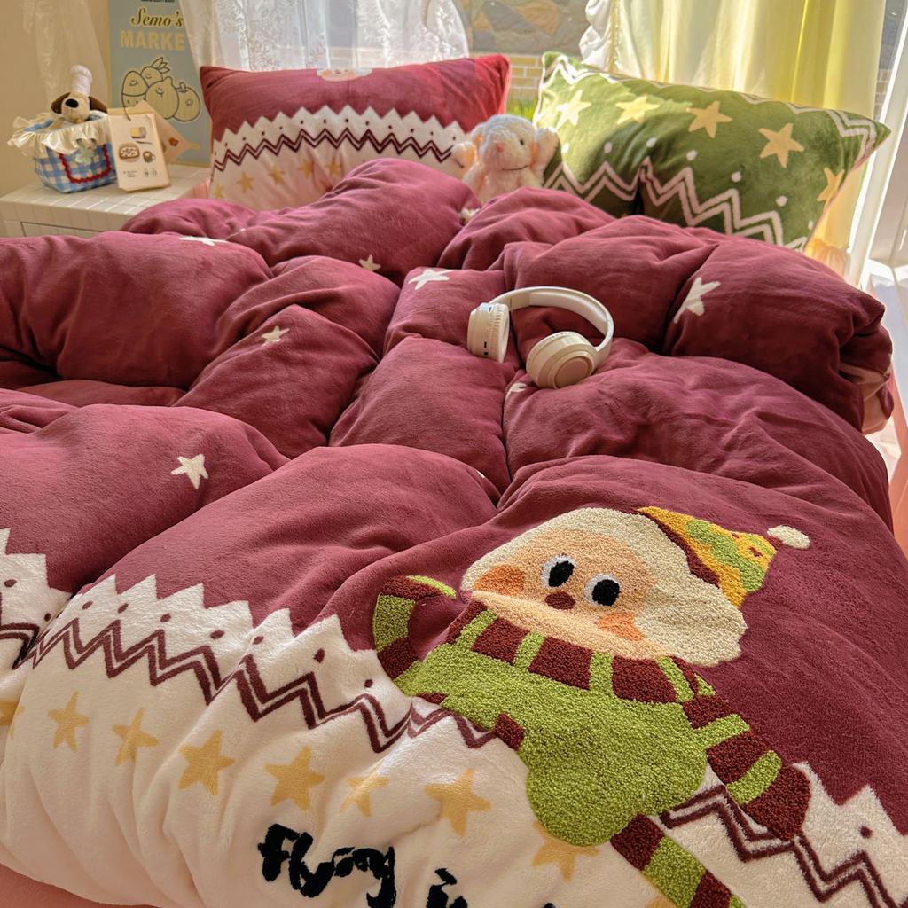 Thickened Milk Fleece Bed Four-Piece Set Coral Flannel Surface Towel Embroidered Quilt Cover Bed Sheet Three-Piece Bedding