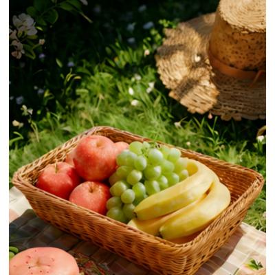 Rattan Fruit Basket Woven Display Crate Rectangular Bread Vegetable Showcase Basket Desktop Organizer for Melons and Fruits Multi-functional Storage