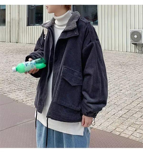 Herren Cord Baumwolljacke im Hongkong-Stil mit warmem Lammwollfutter und Stehkragen