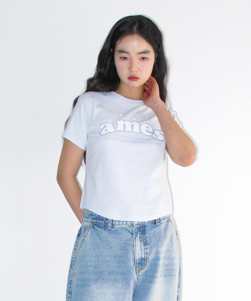 AMES-WORLDWIDE Shining Ames Round Hem Crop Tee Blue