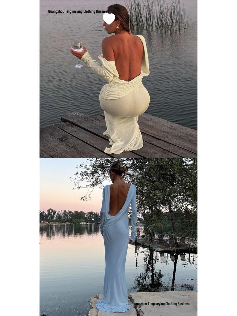 Elegant European & American Women's Backless Long Sleeve Evening Gown - Autumn/Winter Collection