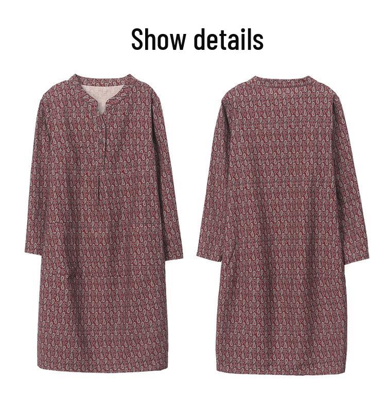 2025 New Style V-Neck Printed Dress for Women - Age-Reducing, Belly-Covering, Loose Casual Wear for Middle-Aged Moms in Spring & Autumn