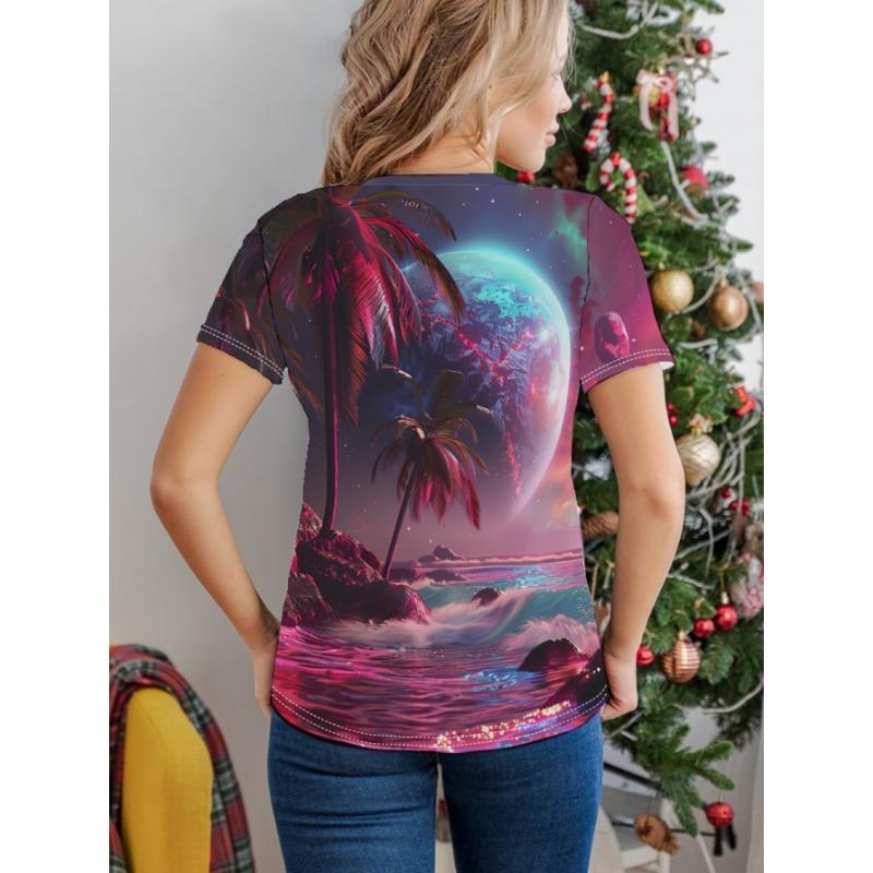 Women's Tee - Cosmic Beach Palm Tree Graphic, Psychedelic Print Design for Casual Daily Wear