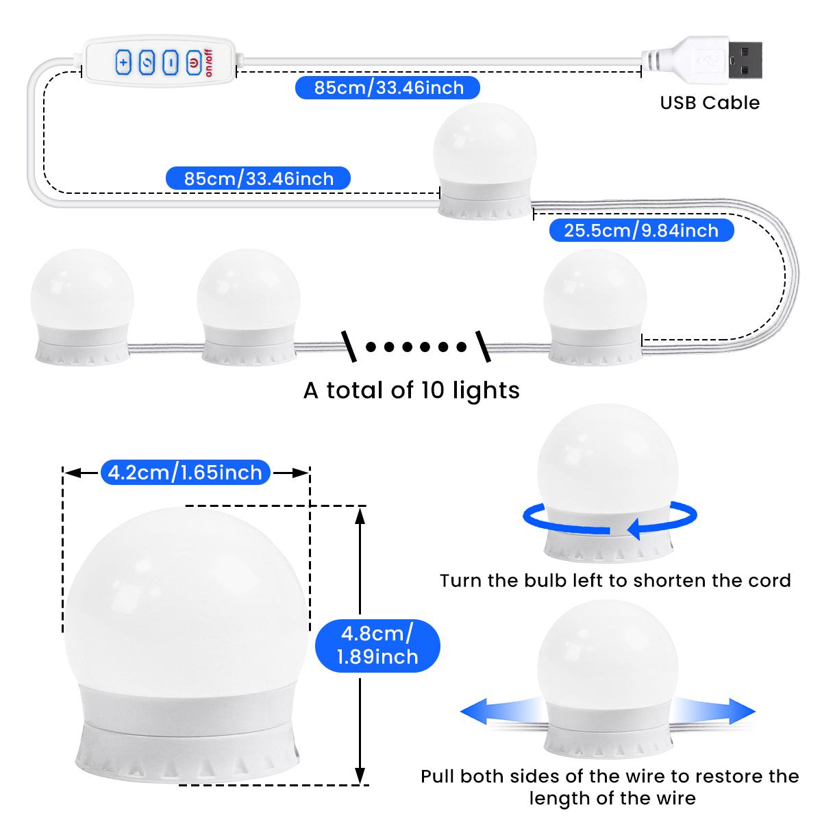 

LED Vanity Lights Strip Kit 10 Dimmable Bulbs, 3 Color Modes & 10 Adjustable Brightness, USB Line for Body Makeup Bathroom Wall 10 Bulbs