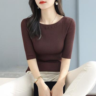 Women Tops Slim Fit Solid Color Ribbed T-Shirt Round Neck Half Sleeve Elastic Pullover Tops Daily Wear