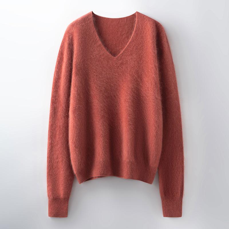 Women's Brushed Wool V-Neck Long-Sleeve Sweater: Autumn/Winter Loose Slimming Knitted Pullover Top