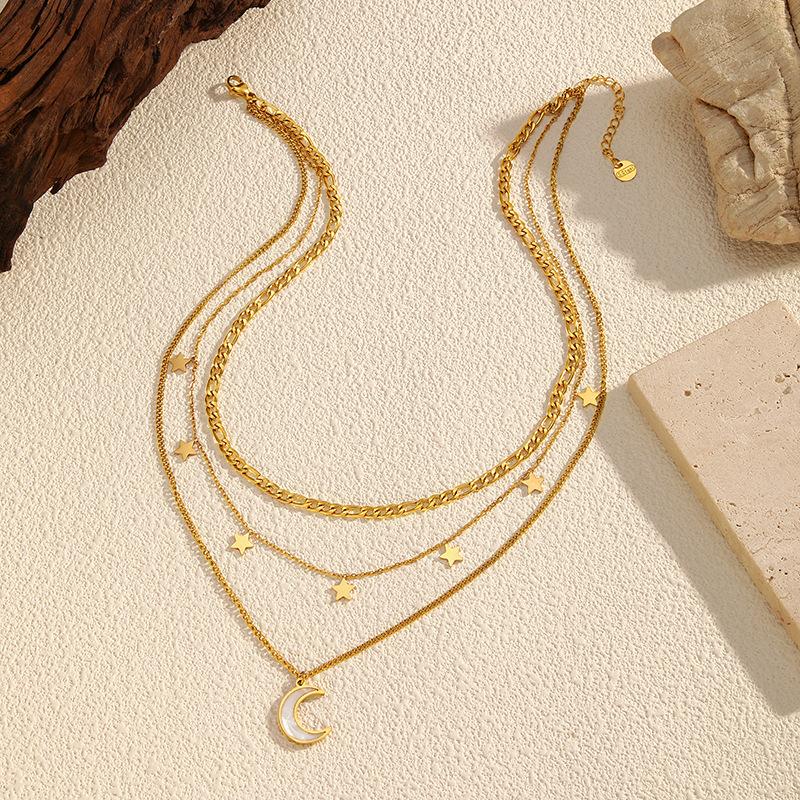 Fashion three-layer stainless steel necklace, star moon collarbone chain, women's light luxury necklace.