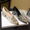 Mocassins Pointus Strass pour Femmes Élégant Tempérament Chaussures Simples Fait Main Talons Hauts Talons Épais Chaussures pour Femmes Zapatos Mujer