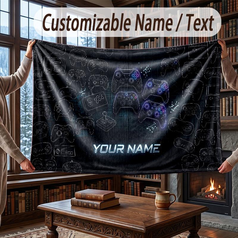 Game Controller Theme Throw Blanket Custom Name Text Personalized Blanket Soft Cozy Blanket for Home Sofa Bed