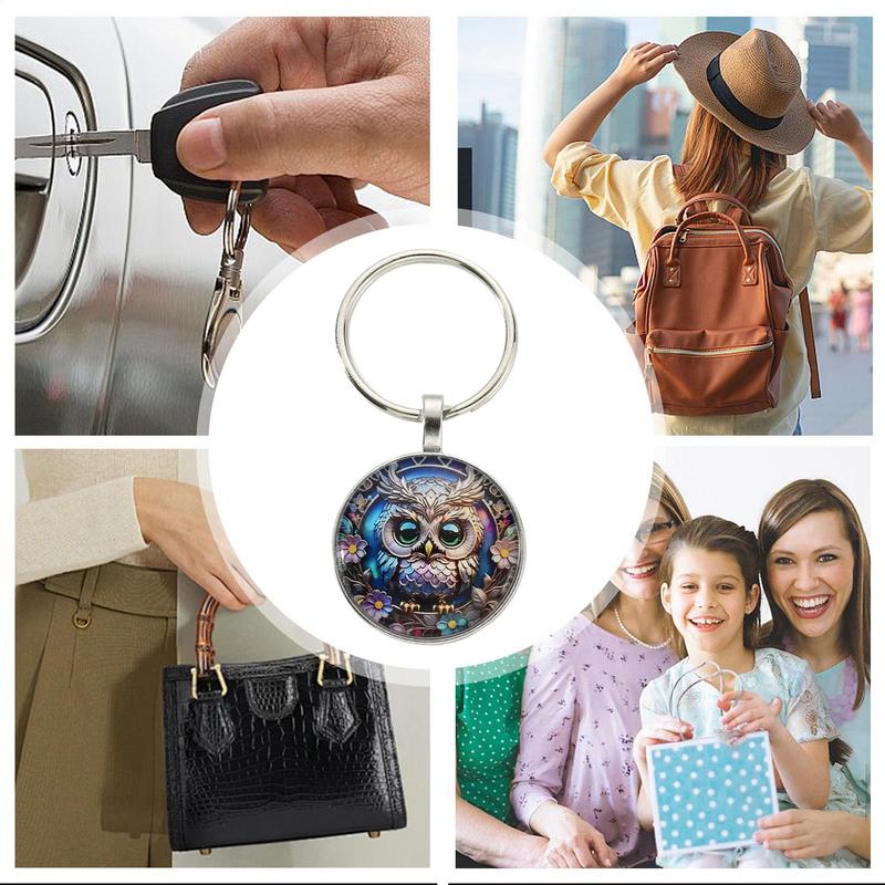 1PC Owl Pattern Circular Glass Keychain Pendant Accessory Metal Keyring Pendant Small Gift Portable Decorative Key Purse Charm