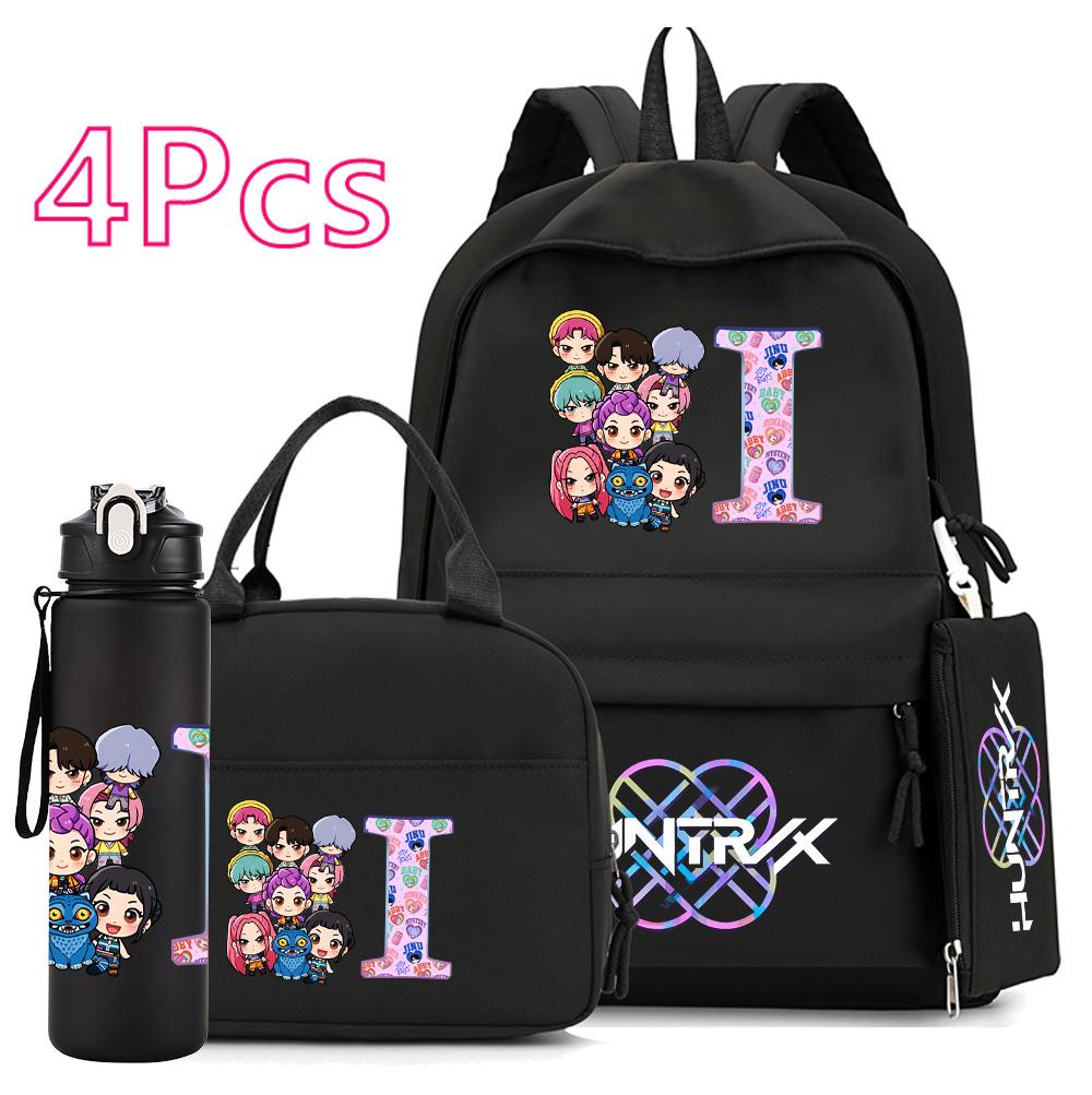 4 Stück/Set K-Pop Bedruckte 750 ml Wasserflasche Rucksack Handtasche Federmäppchen für Teenager Junge Mädchen Schultasche Große Kapazität wasserdicht Bücherrucksack Mochila