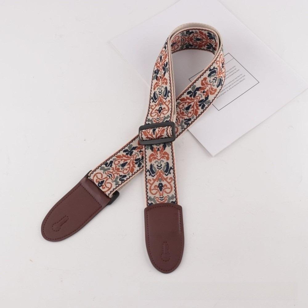 Leather Guitar Strap Embroidery Adjustable Neck Strap Durable Bass Strap for Bass Guitar