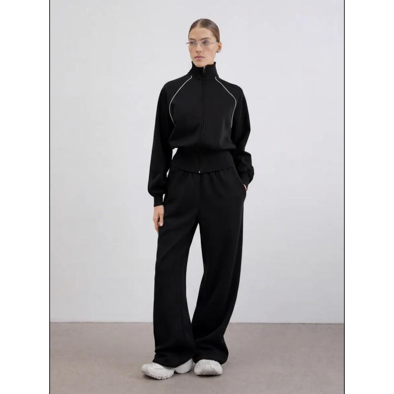 Womens Casual Commute Outfit Long Sleeve Zip Cardigan Loose Pants Set