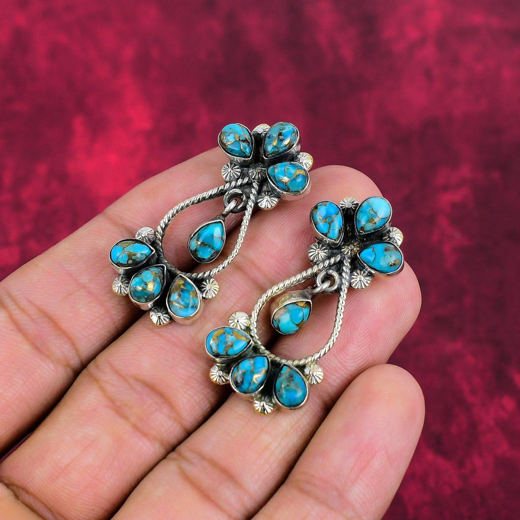 Kupfer Blau Türkis Schmuck Handgemachte Edelstein Ohrringe, 925 Sterling Silber Ohrringe Antiker Schmuck, Für Verlobungsgeschenk