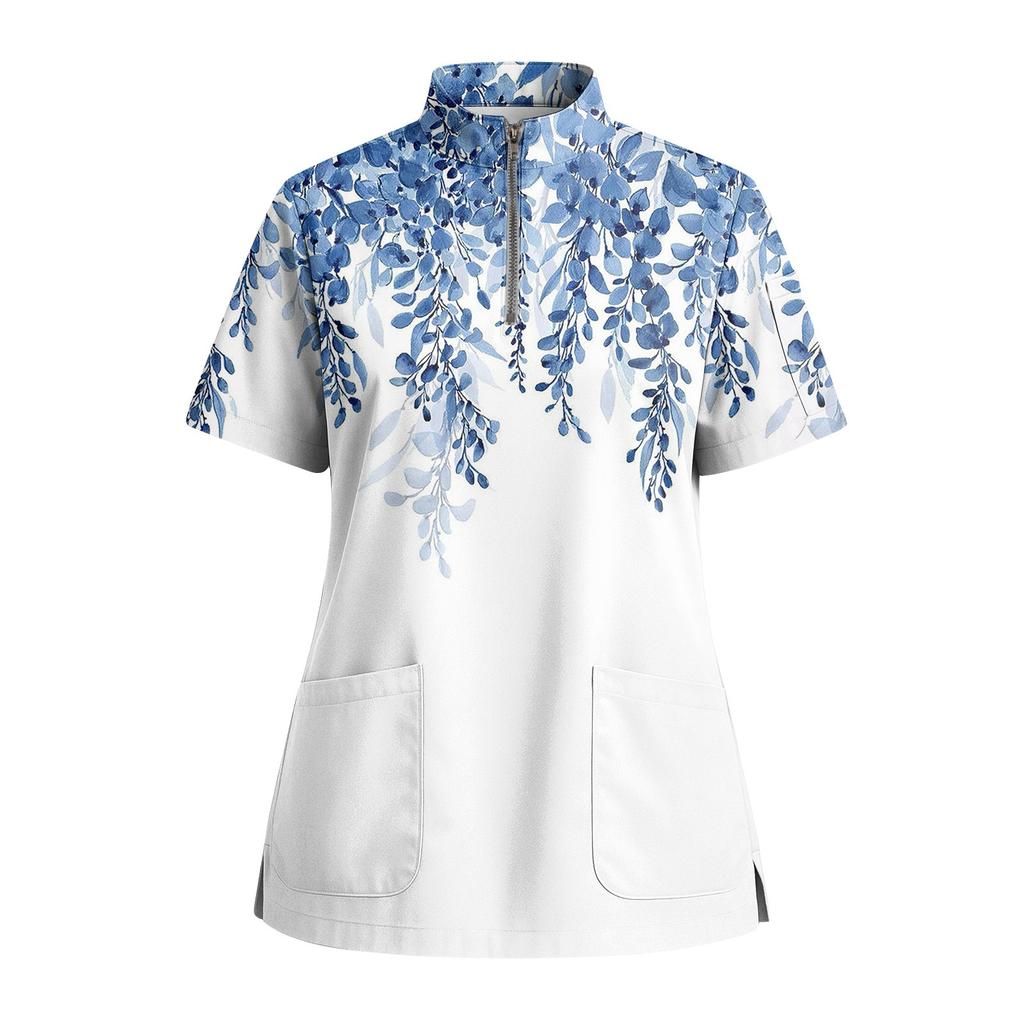 Women's Short Sleeved Printed V-neck Buttonable Side Slit Top T-shirt