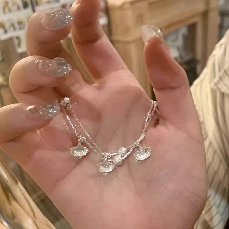 Sterling Silver Double Layer Stacked Ginkgo Leaf Bracelet Women Light Luxury Delicate Jewelry серебряный