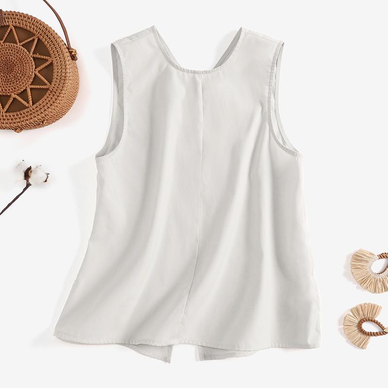 VONDA Women's Summer Round Neck Sleeveless Button Patch Solid Color Loose Vest